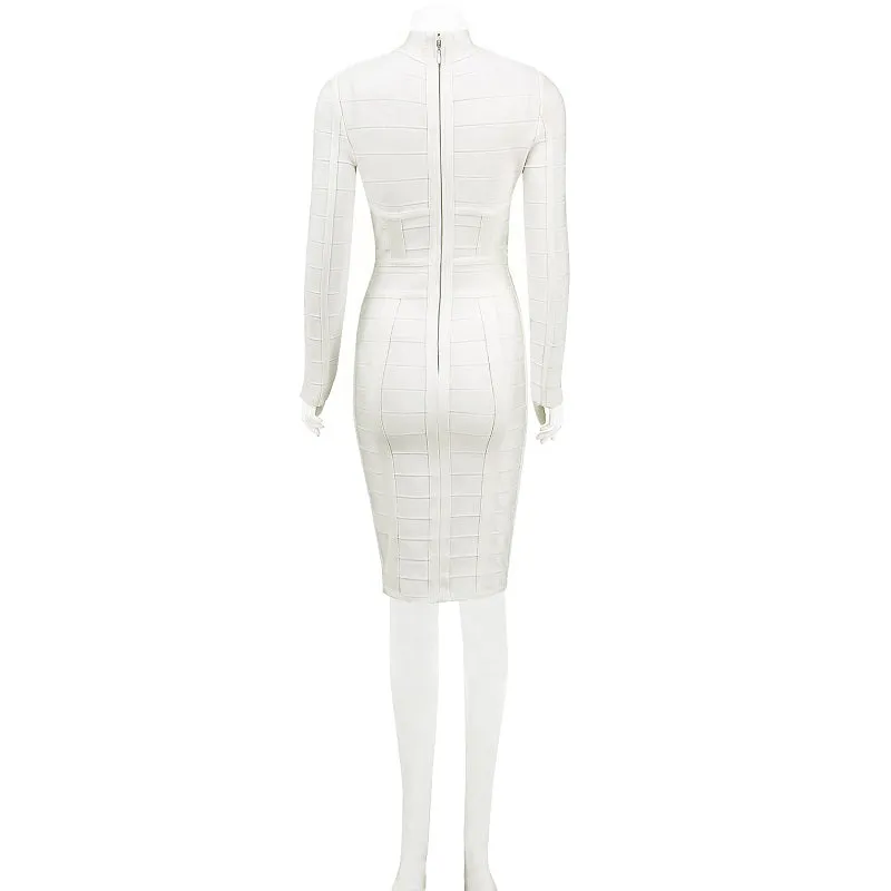 New Arrival Sexy Mid Length Round Neckline White Cut Out Long Sleeve Bodycon dress
