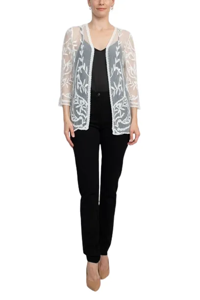 Nina Leonard V-Neck Open Front 3-4 Sleeve Floral Embroidered Mesh Jacket