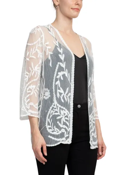 Nina Leonard V-Neck Open Front 3-4 Sleeve Floral Embroidered Mesh Jacket
