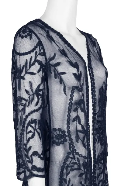 Nina Leonard V-Neck Open Front 3-4 Sleeve Floral Embroidered Mesh Jacket
