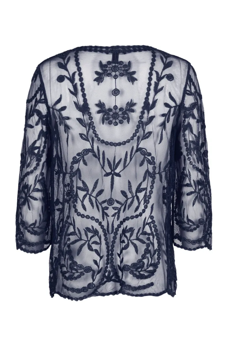 Nina Leonard V-Neck Open Front 3-4 Sleeve Floral Embroidered Mesh Jacket