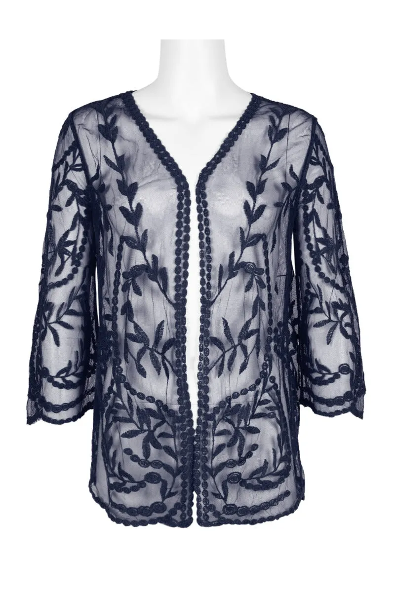 Nina Leonard V-Neck Open Front 3-4 Sleeve Floral Embroidered Mesh Jacket