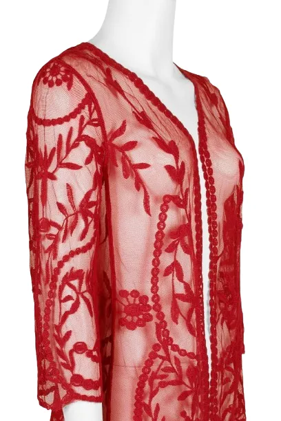 Nina Leonard V-Neck Open Front 3-4 Sleeve Floral Embroidered Mesh Jacket