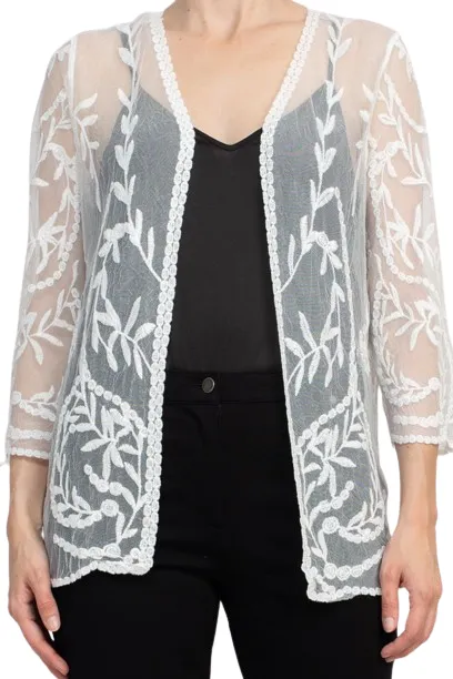 Nina Leonard V-Neck Open Front 3-4 Sleeve Floral Embroidered Mesh Jacket