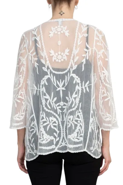 Nina Leonard V-Neck Open Front 3-4 Sleeve Floral Embroidered Mesh Jacket