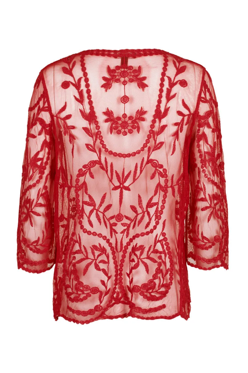 Nina Leonard V-Neck Open Front 3-4 Sleeve Floral Embroidered Mesh Jacket