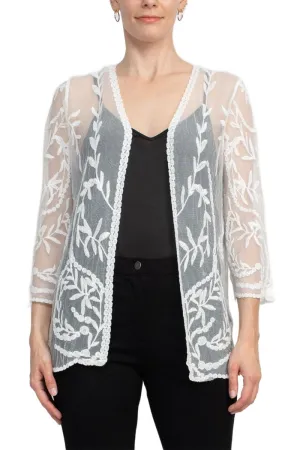Nina Leonard V-Neck Open Front 3-4 Sleeve Floral Embroidered Mesh Jacket