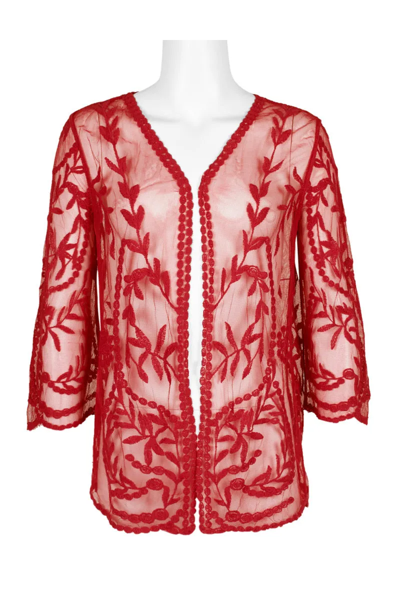 Nina Leonard V-Neck Open Front 3-4 Sleeve Floral Embroidered Mesh Jacket