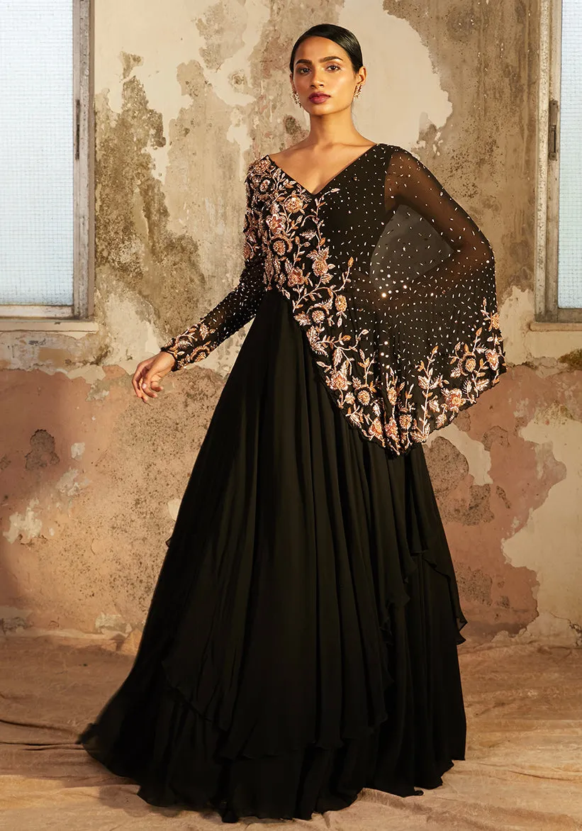 Noire Black Layered Georgette Gown