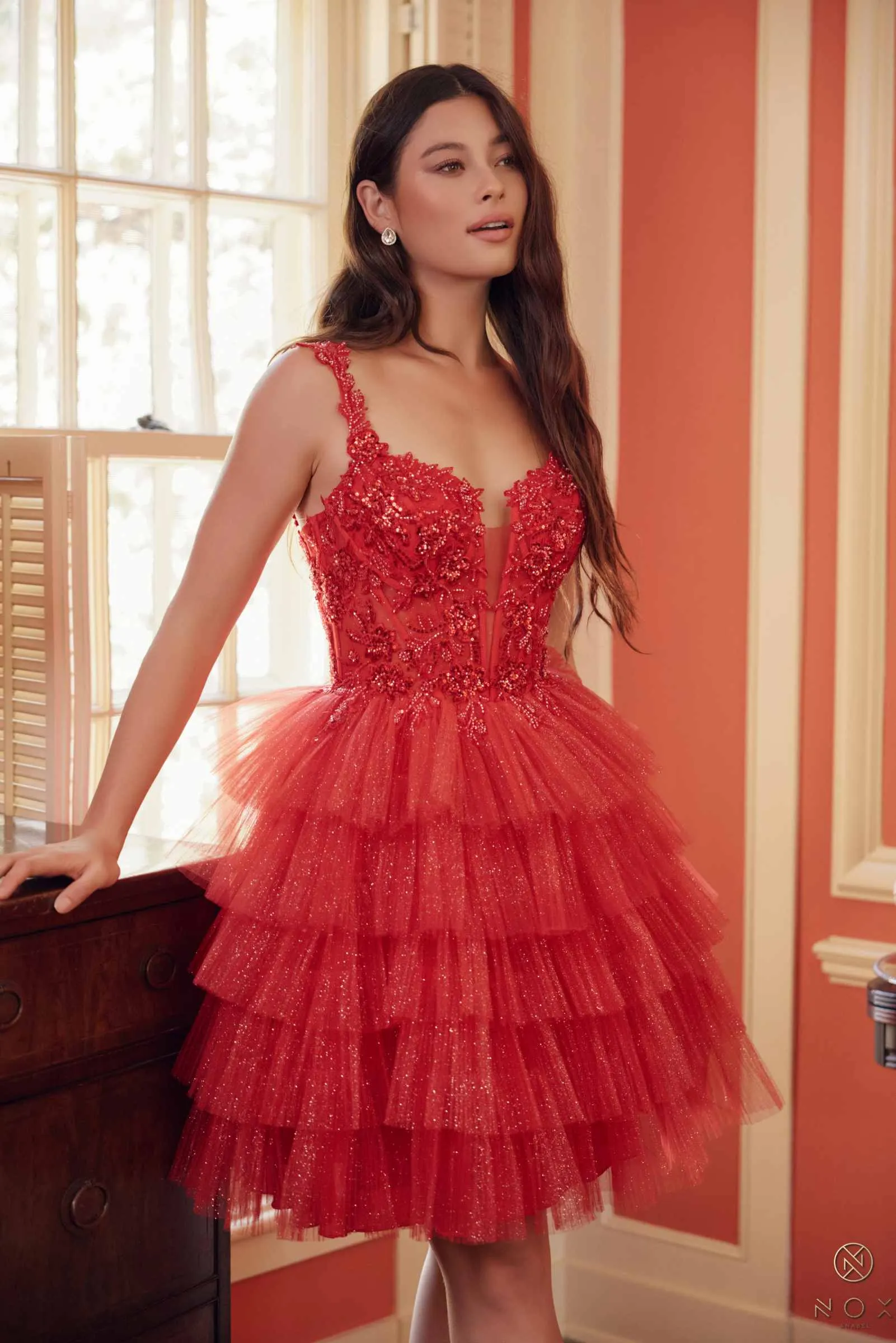 Nox Anabel E904 Short Tiered Ruffled A-Line Gown