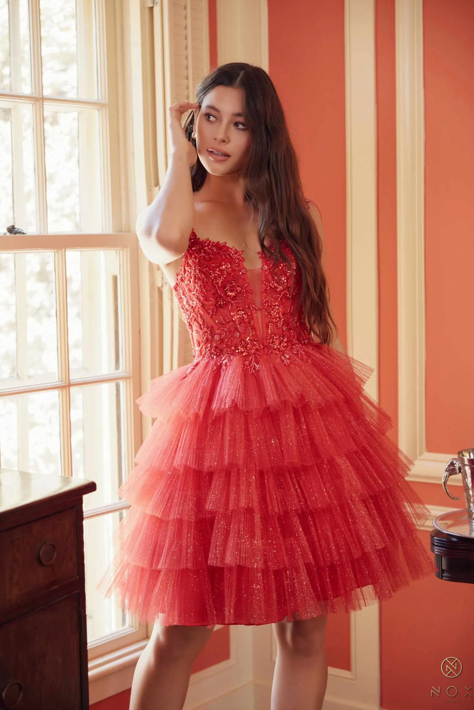 Nox Anabel E904 Short Tiered Ruffled A-Line Gown