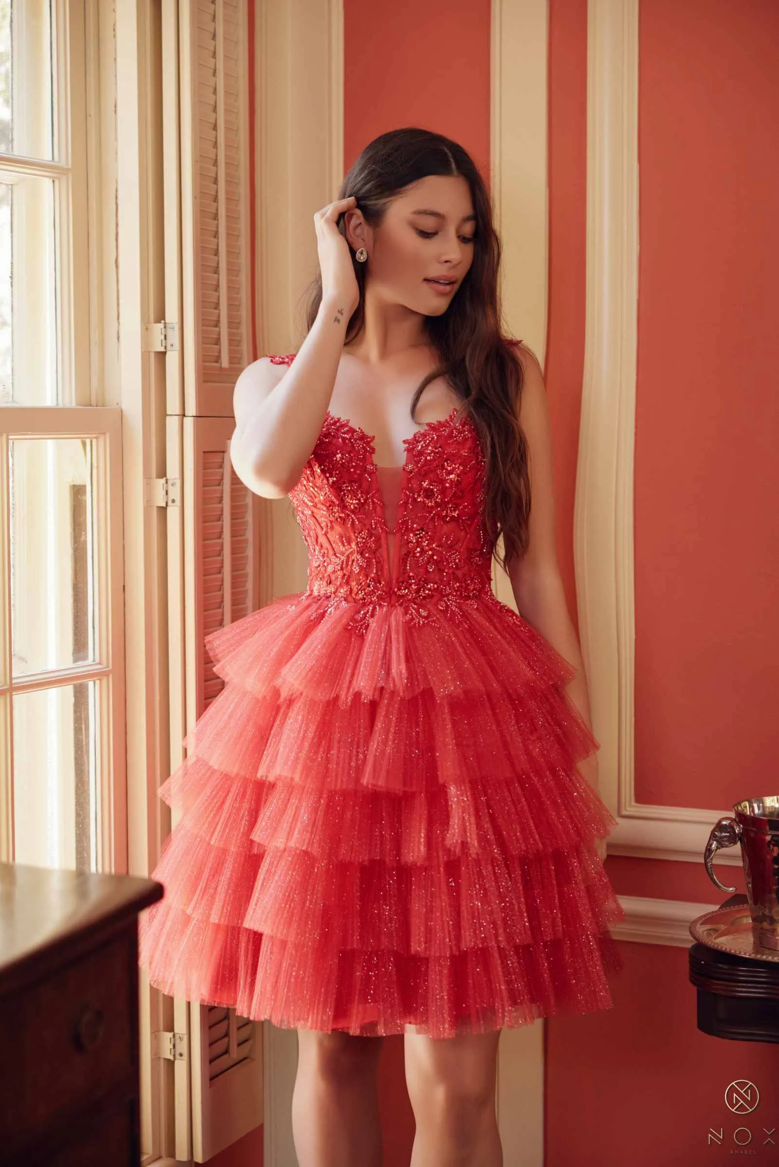 Nox Anabel E904 Short Tiered Ruffled A-Line Gown
