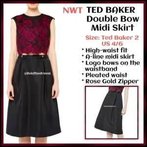 NWT TED BAKER Double Bow Midi Skirt In Black TB SZ 2/ US 4/6 $227