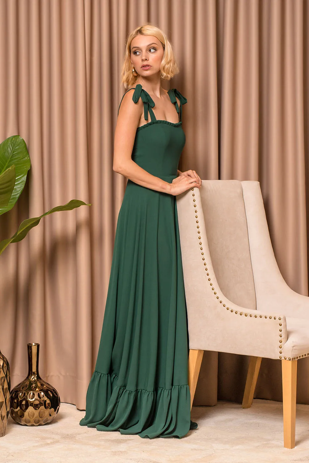 OAHU Chiffon Maxi Dress with Bow Straps  (Emerald Green Chiffon)
