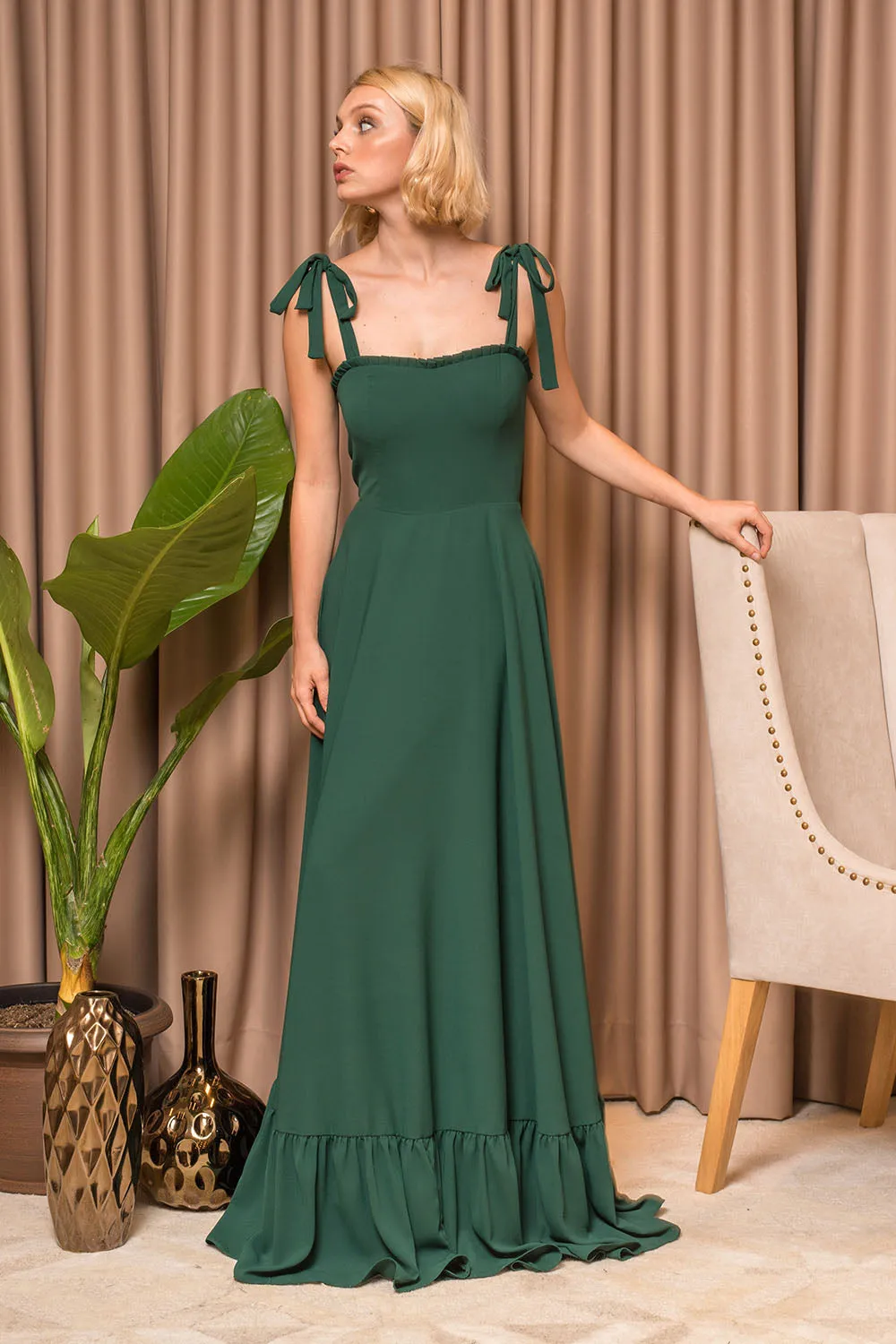 OAHU Chiffon Maxi Dress with Bow Straps  (Emerald Green Chiffon)
