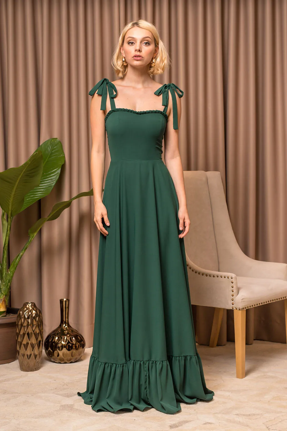 OAHU Chiffon Maxi Dress with Bow Straps  (Emerald Green Chiffon)