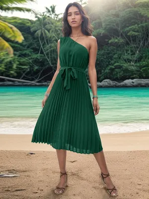 Off-Shoulder Pleated Midi Dress with Slope Neck and Waist Tie