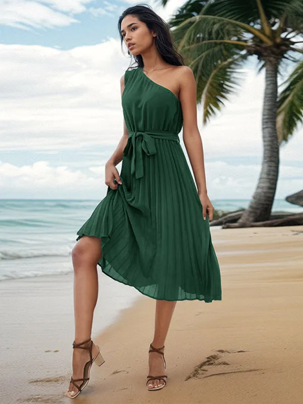 Off-Shoulder Pleated Midi Dress with Slope Neck and Waist Tie