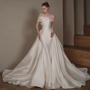 Off-Shoulder Sweetheart Neck Beaded Bow Satin 2-Piece Mermaid Wedding Dress with Detachable Train