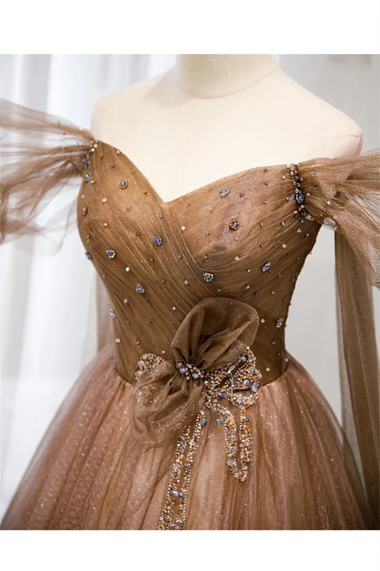 Off the Shoulder Brown Beaded Tulle Long Formal Dress