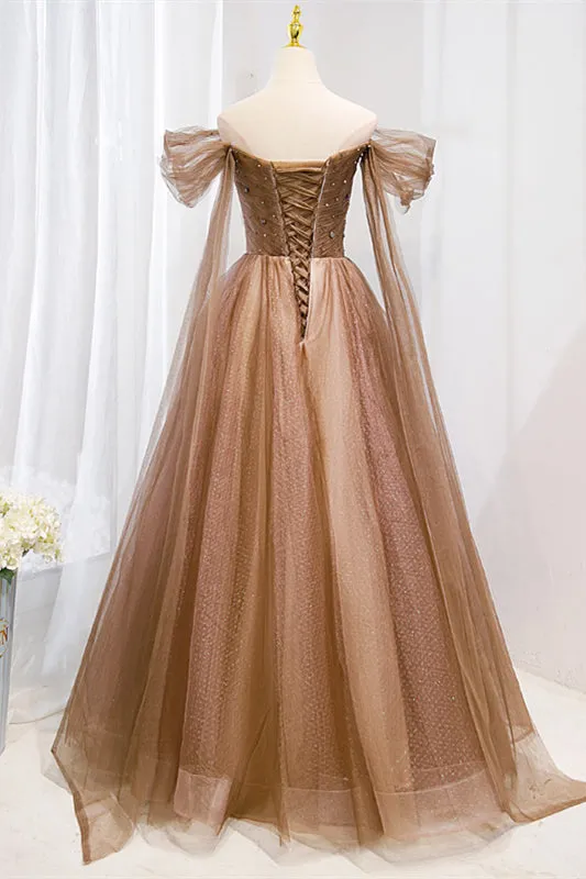 Off the Shoulder Brown Beaded Tulle Long Formal Dress