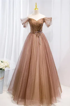 Off the Shoulder Brown Beaded Tulle Long Formal Dress