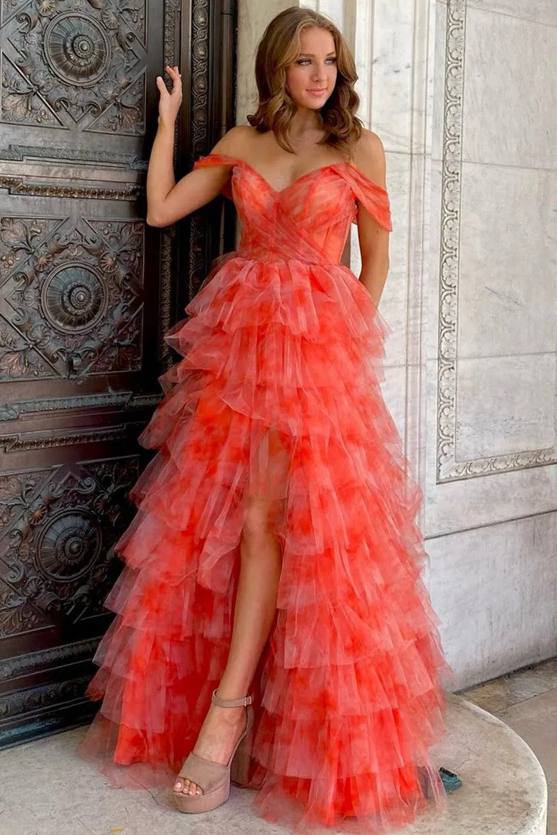 Off the Shoulder Coral Print Tie Long Prom Dresses