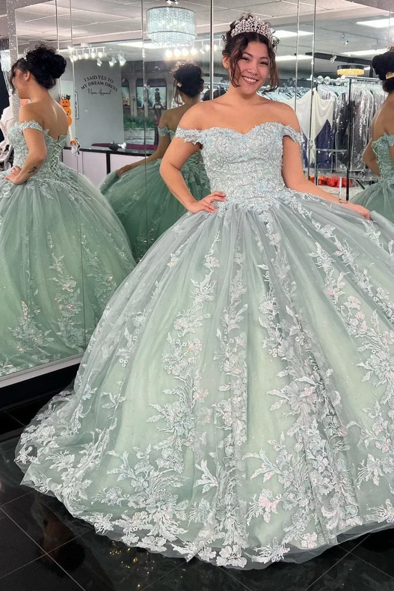 Off-the-Shoulder Dusty Sage Appliques with Lace Up Quinceanera Dresses