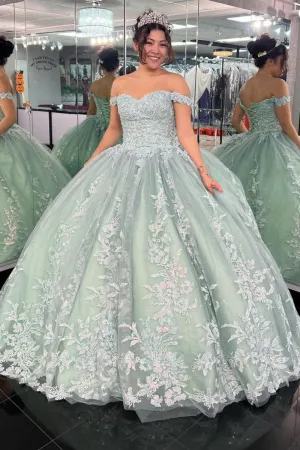 Off-the-Shoulder Dusty Sage Appliques with Lace Up Quinceanera Dresses