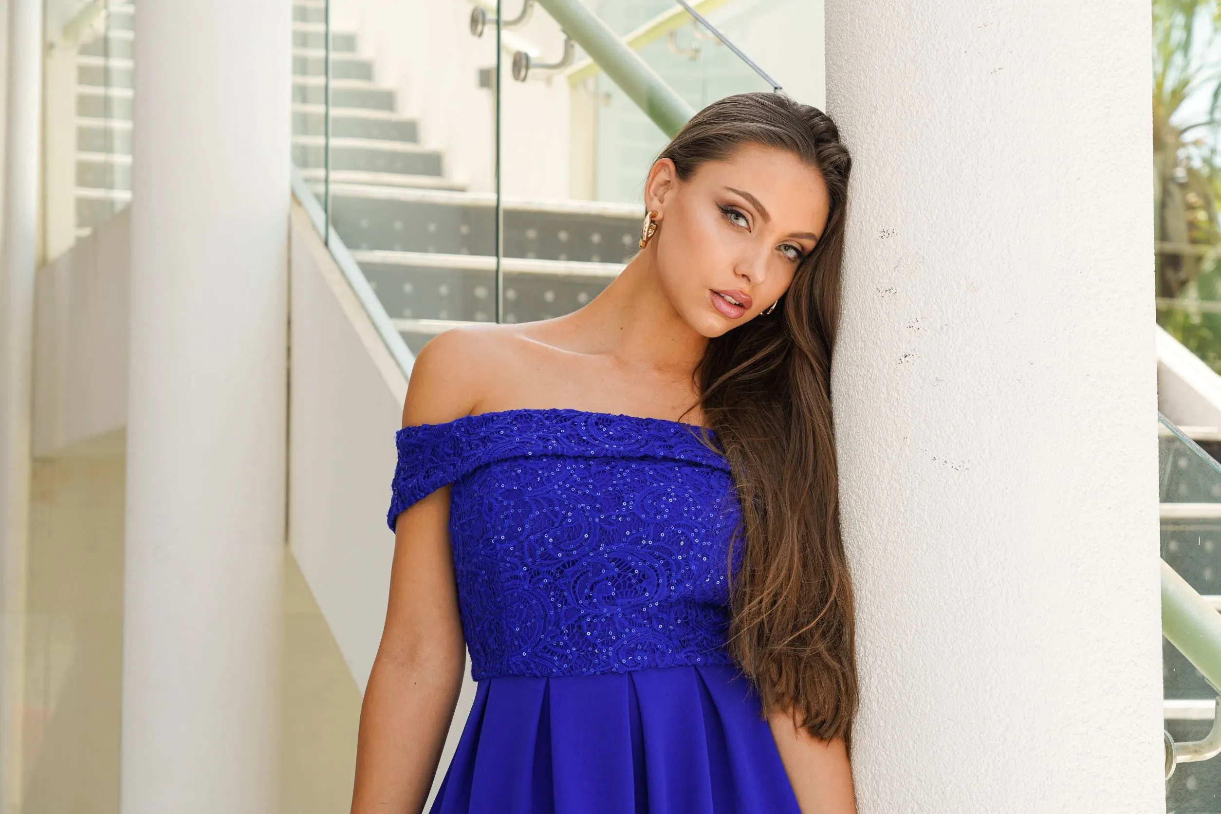Off the Shoulder Navy Sequin Lace Skater Dress