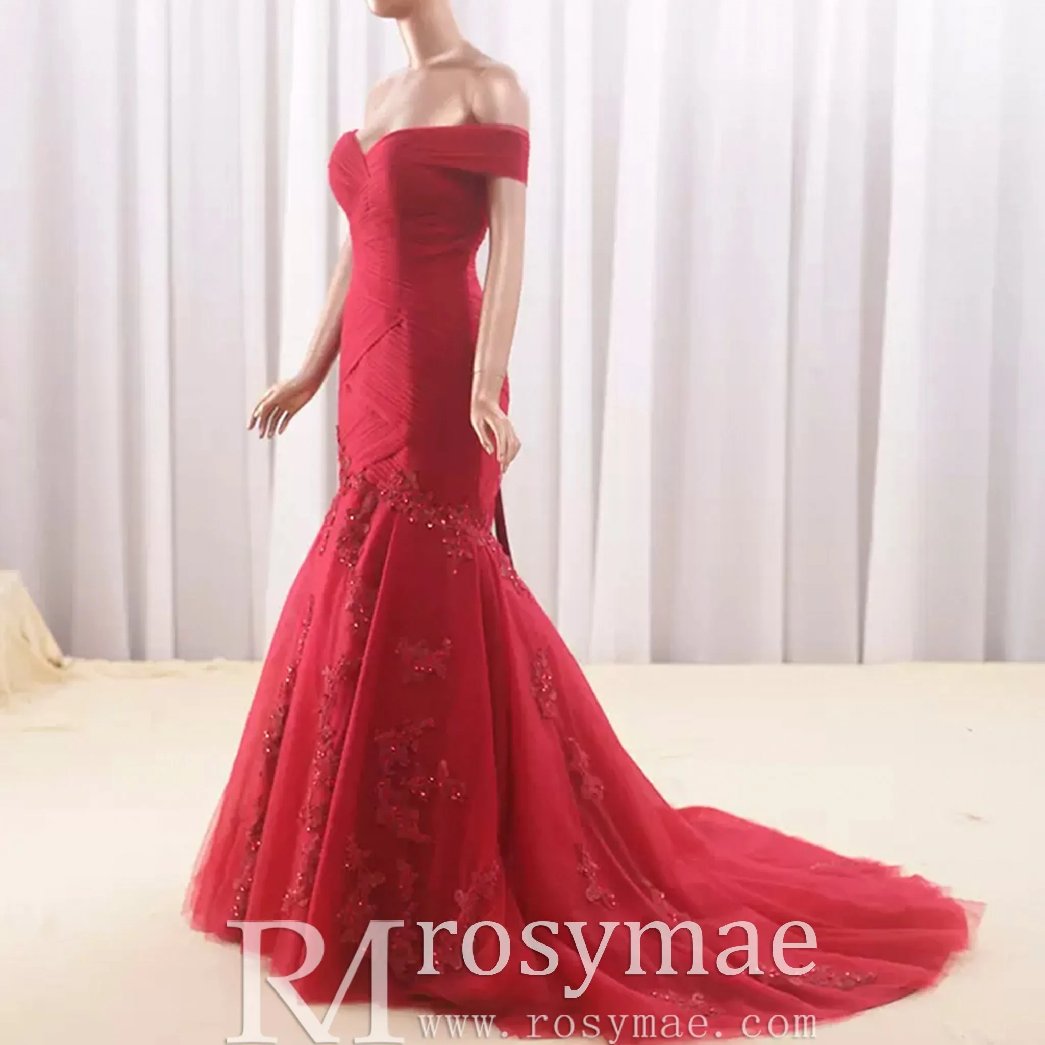 Off the Shoulder Ruched Tulle Lace Trumpet Wedding Dress