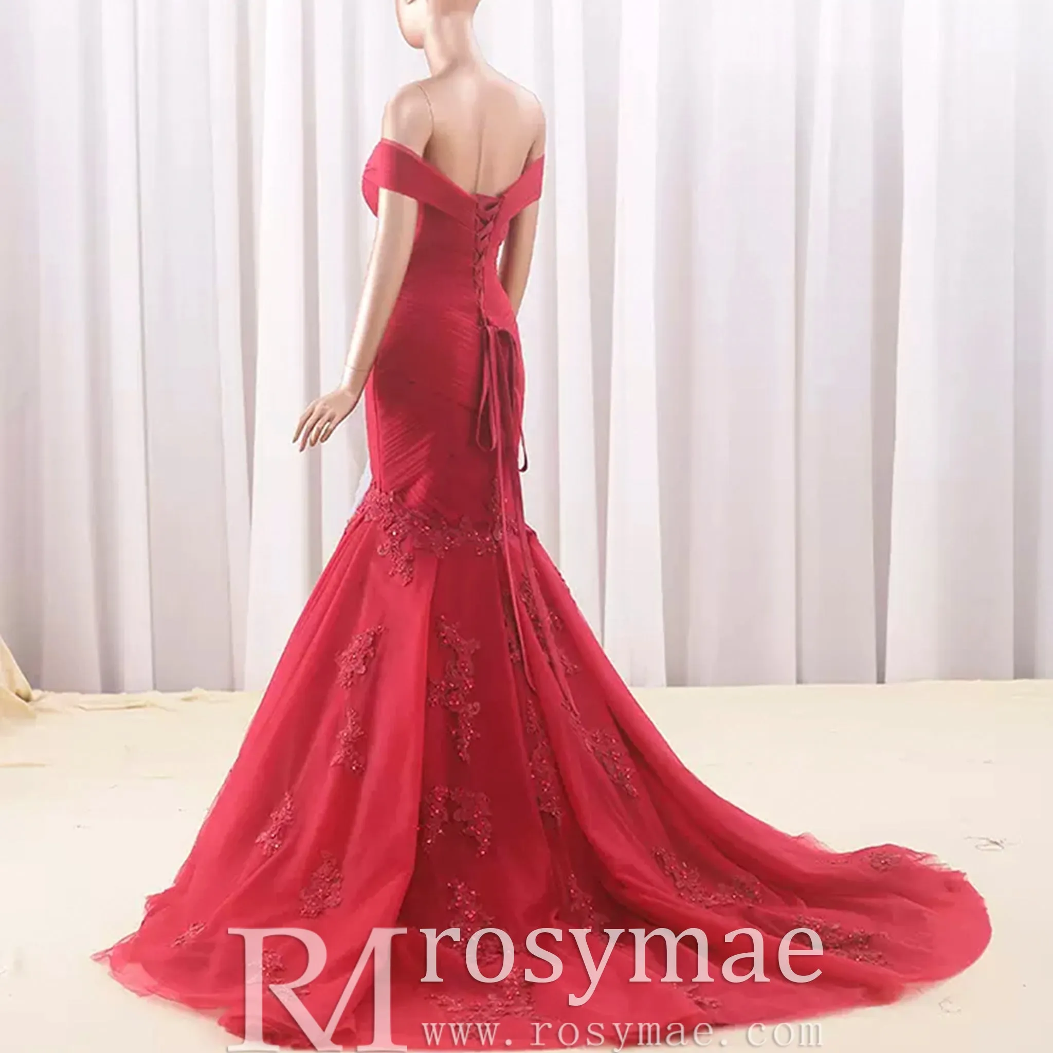 Off the Shoulder Ruched Tulle Lace Trumpet Wedding Dress