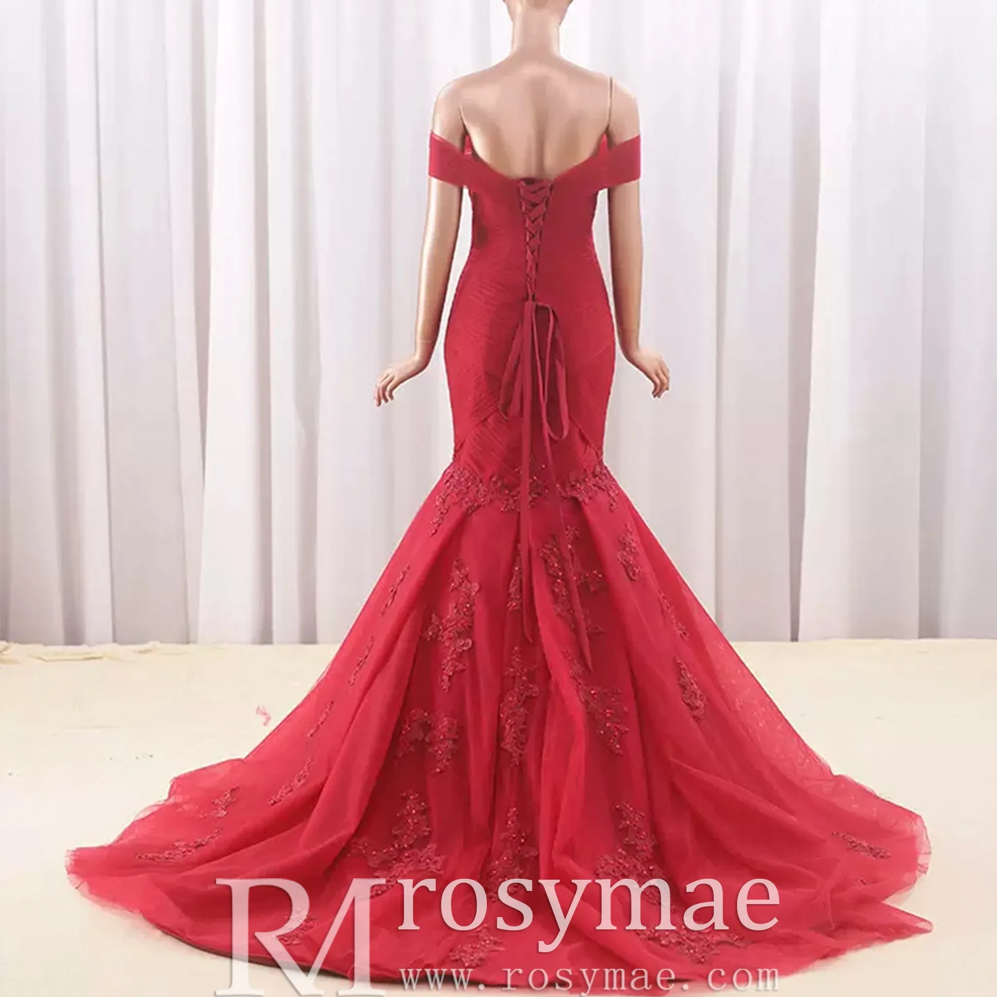 Off the Shoulder Ruched Tulle Lace Trumpet Wedding Dress