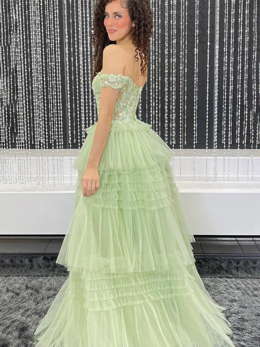 Off the Shoulder Tulle Prom Dresses with Appliques