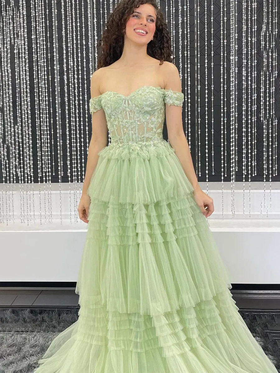 Off the Shoulder Tulle Prom Dresses with Appliques