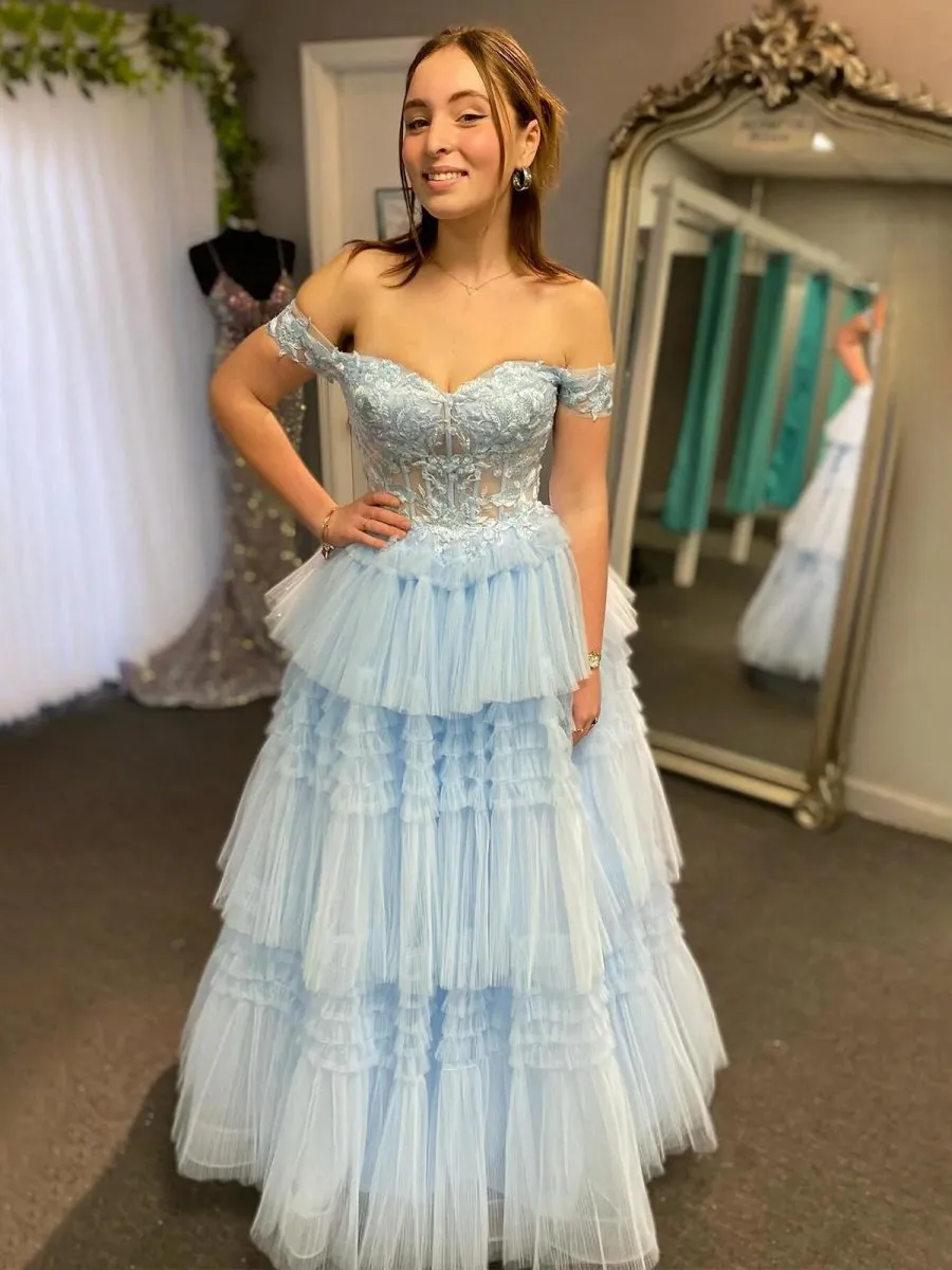 Off the Shoulder Tulle Prom Dresses with Appliques