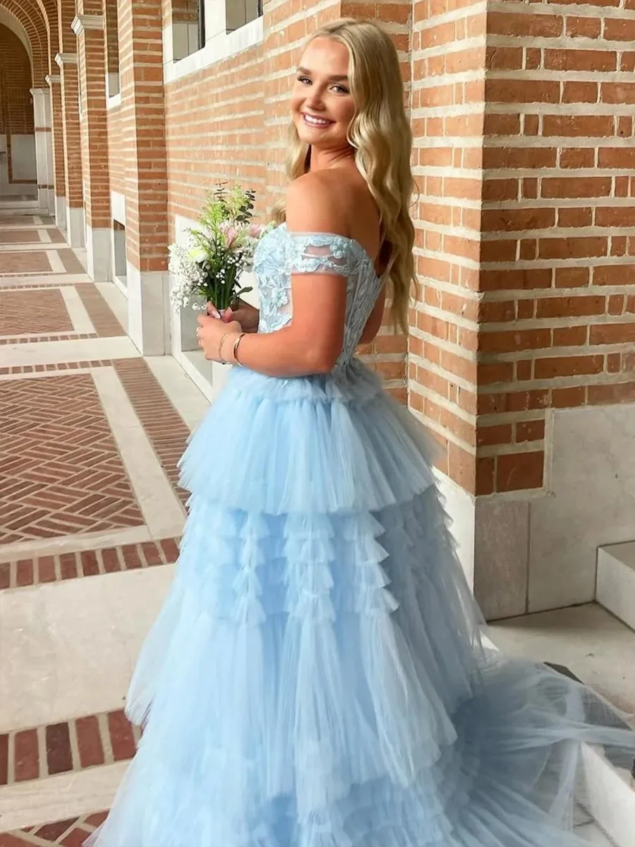 Off the Shoulder Tulle Prom Dresses with Appliques