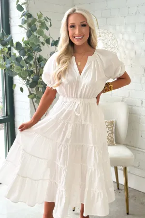 Off White Pleated Detail Tiered Midi Dress