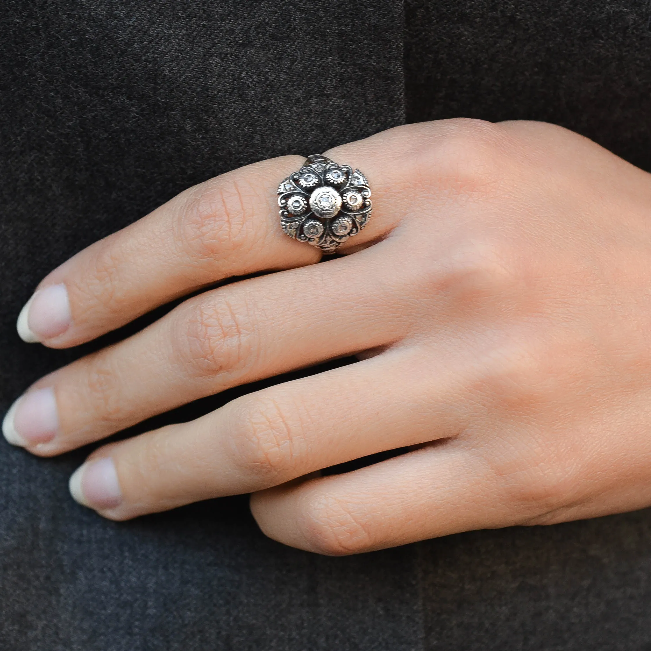 Old Mine and Rose Cut Diamond Dinner Ring c1890