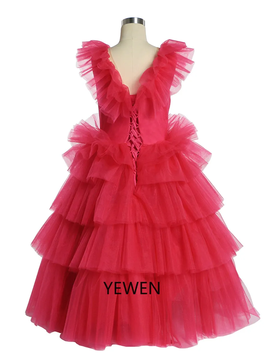 Oldrose V-neck Tulle Ruffled Long Sleeve Flower Girl Dress Child Party Dresses For Photo Shoot
