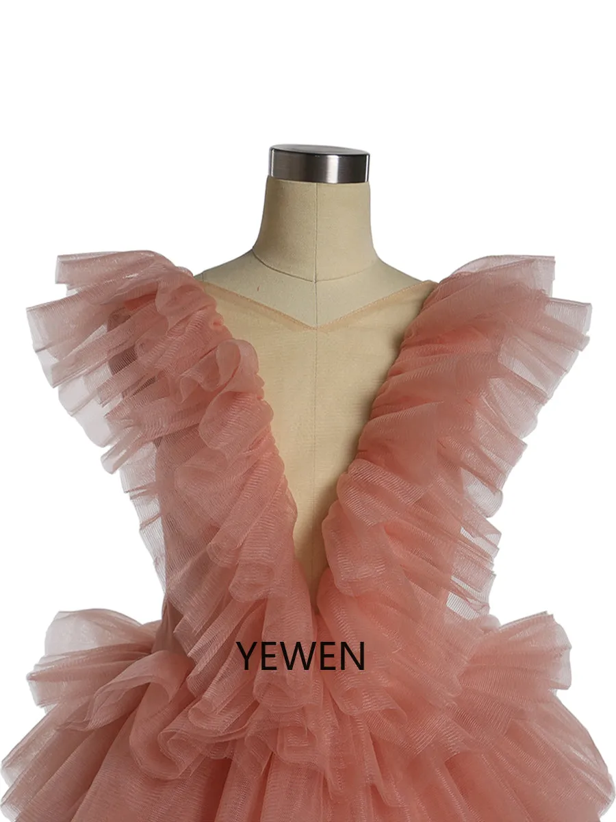 Oldrose V-neck Tulle Ruffled Long Sleeve Flower Girl Dress Child Party Dresses For Photo Shoot