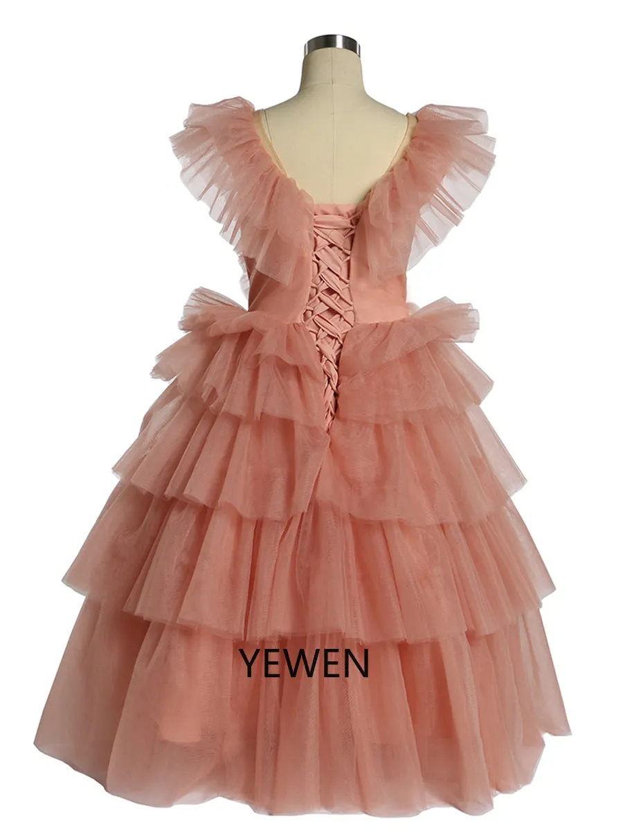 Oldrose V-neck Tulle Ruffled Long Sleeve Flower Girl Dress Child Party Dresses For Photo Shoot