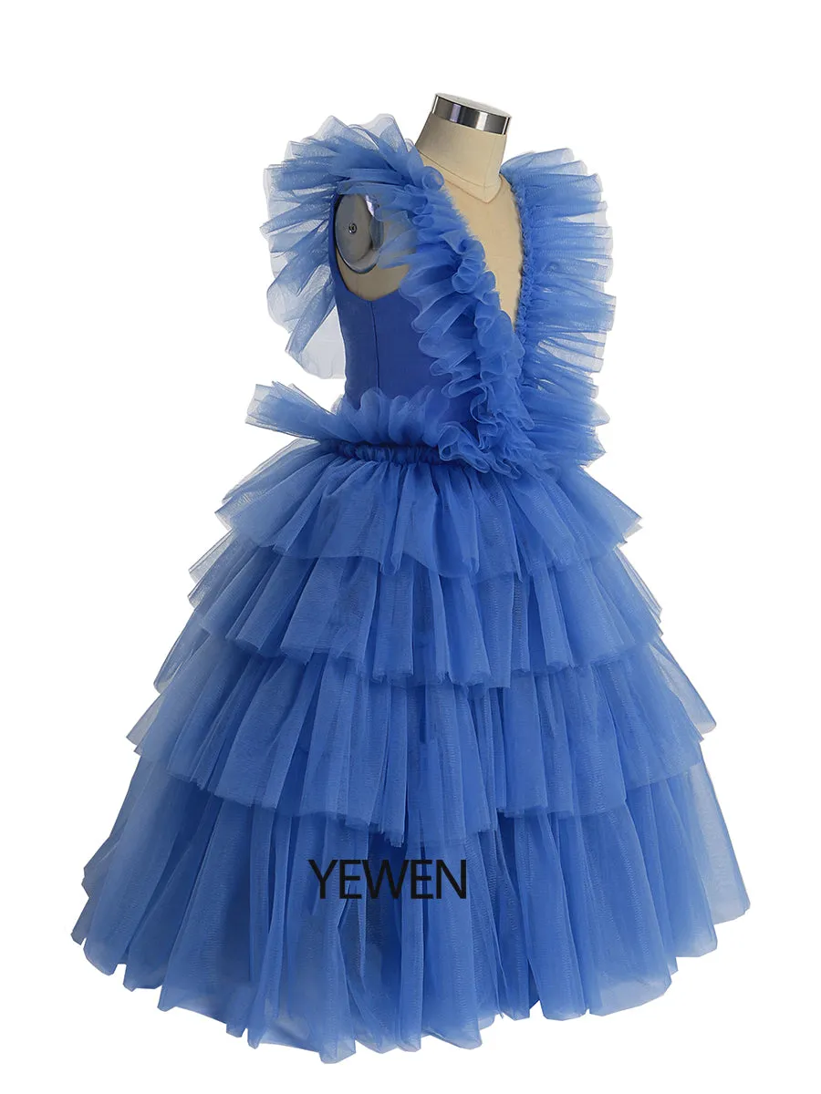 Oldrose V-neck Tulle Ruffled Long Sleeve Flower Girl Dress Child Party Dresses For Photo Shoot