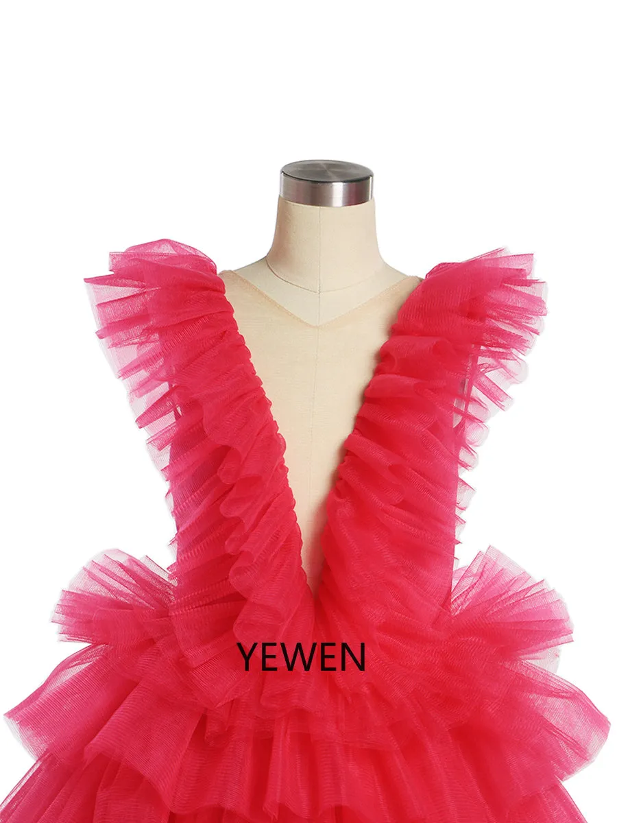 Oldrose V-neck Tulle Ruffled Long Sleeve Flower Girl Dress Child Party Dresses For Photo Shoot