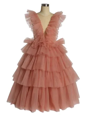 Oldrose V-neck Tulle Ruffled Long Sleeve Flower Girl Dress Child Party Dresses For Photo Shoot