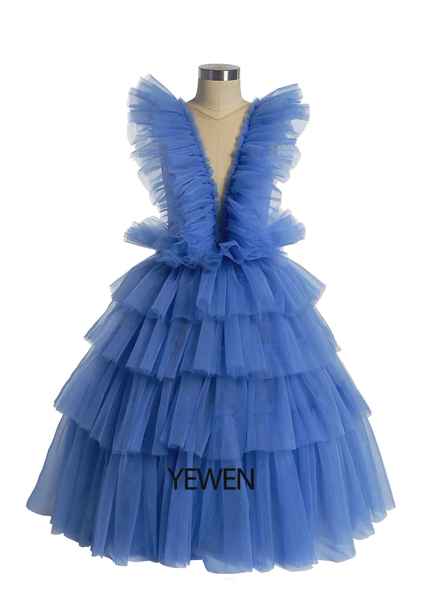 Oldrose V-neck Tulle Ruffled Long Sleeve Flower Girl Dress Child Party Dresses For Photo Shoot