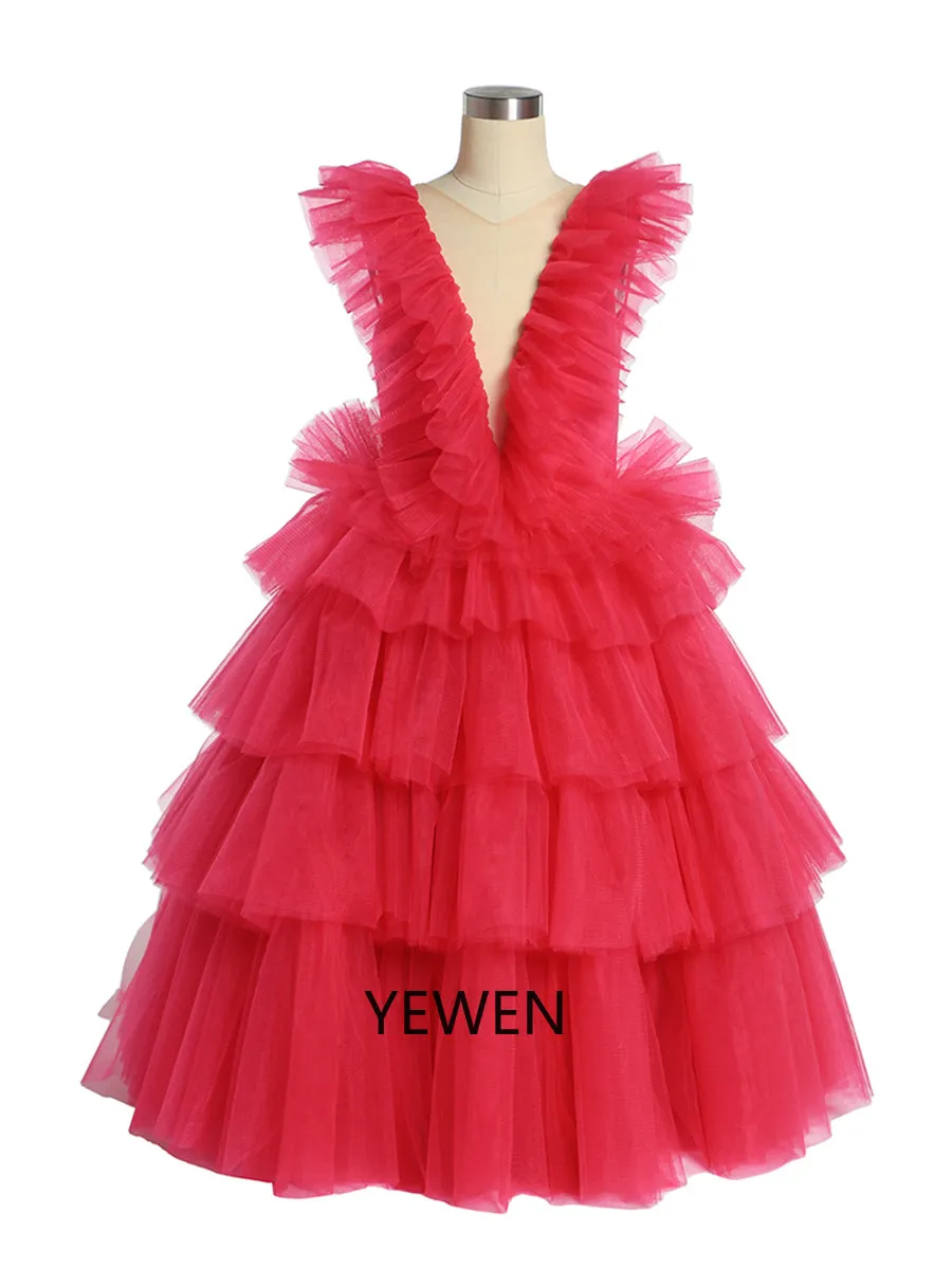 Oldrose V-neck Tulle Ruffled Long Sleeve Flower Girl Dress Child Party Dresses For Photo Shoot