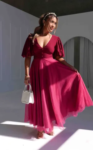 One Kiss Tulle Maxi Dress - Burgundy Wine