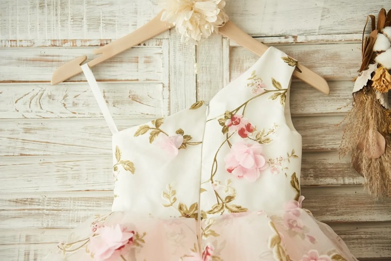 One Shoulder Floral Organza Pink Tulle Cupcake Wedding Flower Girl Dress