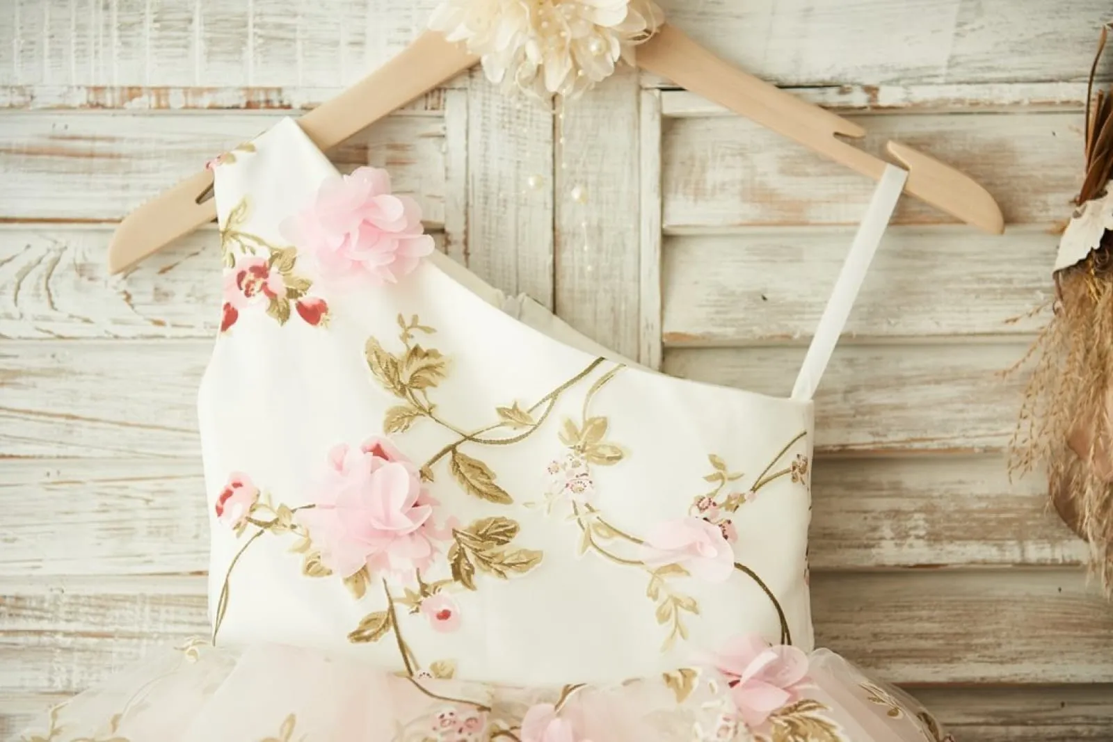 One Shoulder Floral Organza Pink Tulle Cupcake Wedding Flower Girl Dress
